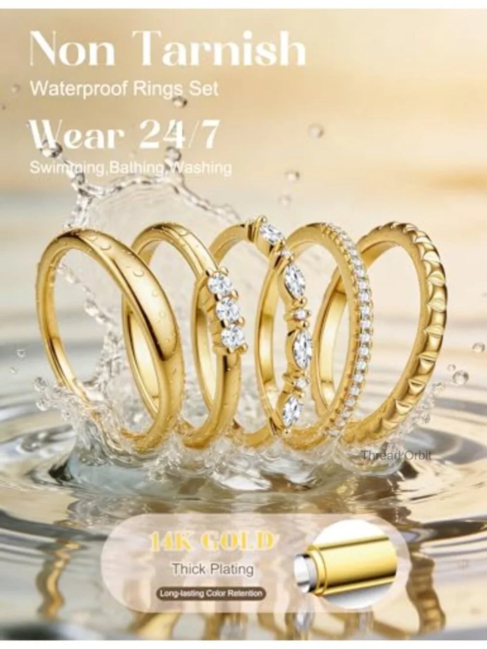 14K Gold Plated Stackable Rings Set - Non Tarnish Dainty CZ Wedding Bands